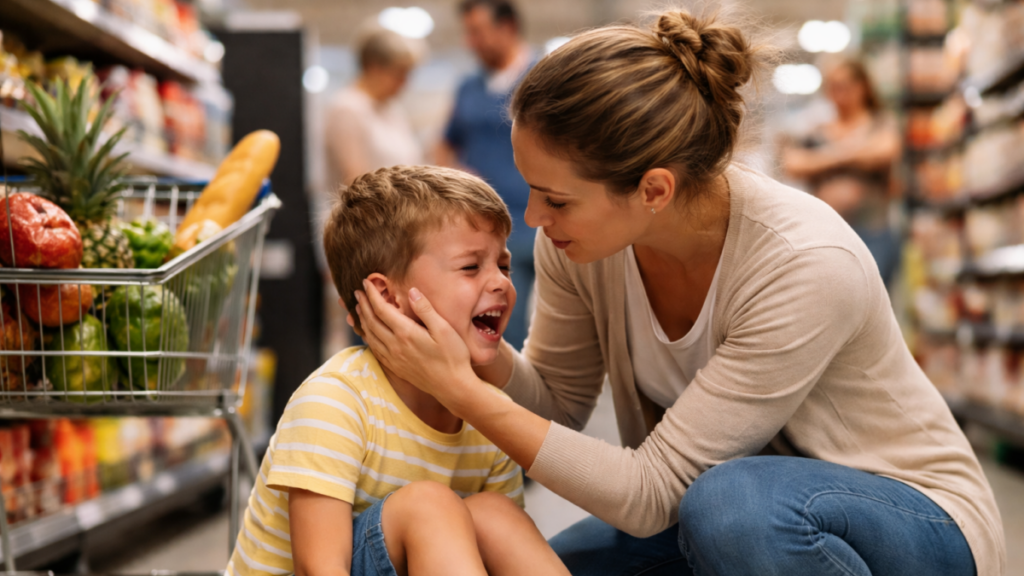 Mãe ajoelhada consolando filho em birra no supermercado durante momento de crise emocional em público